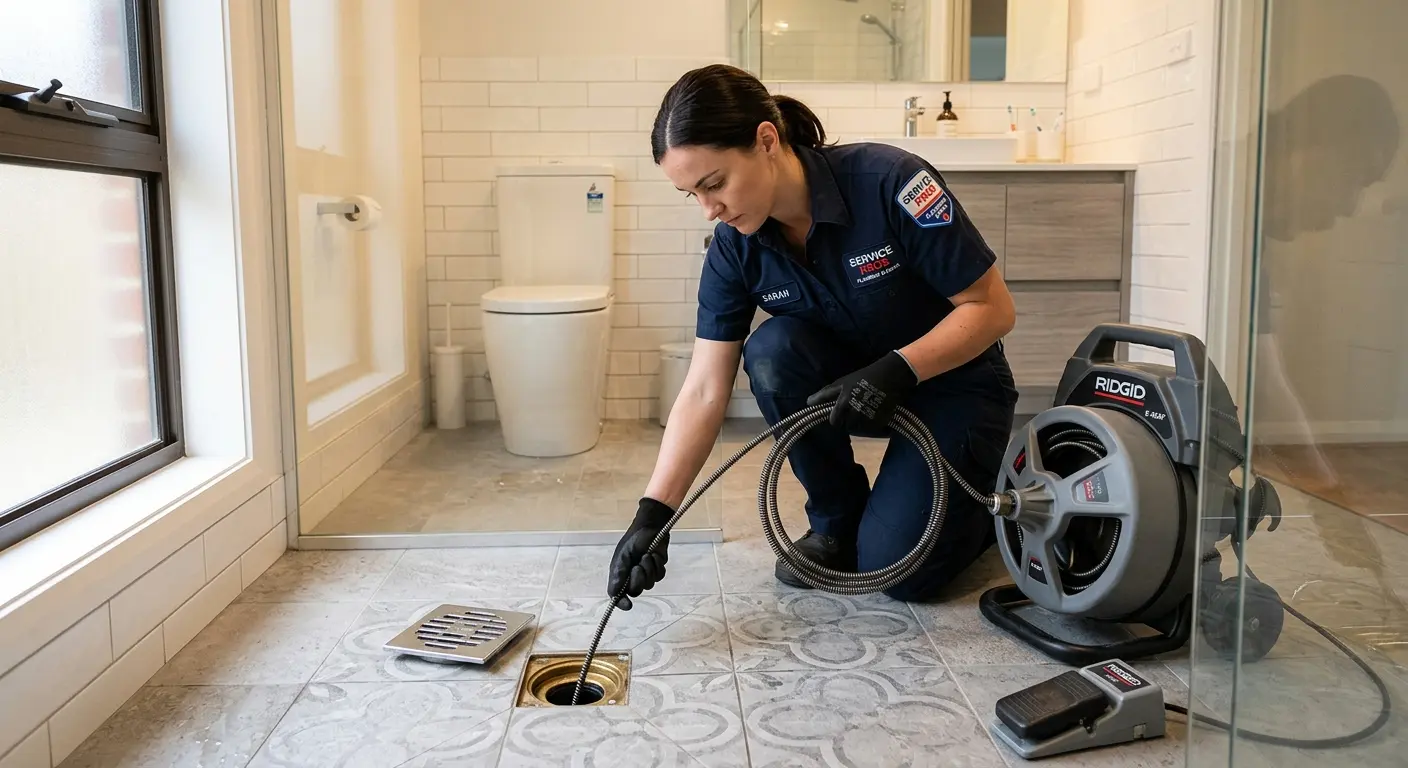 Technician clearing a bathroom floor drain for Sewer Line Installation in San Luis